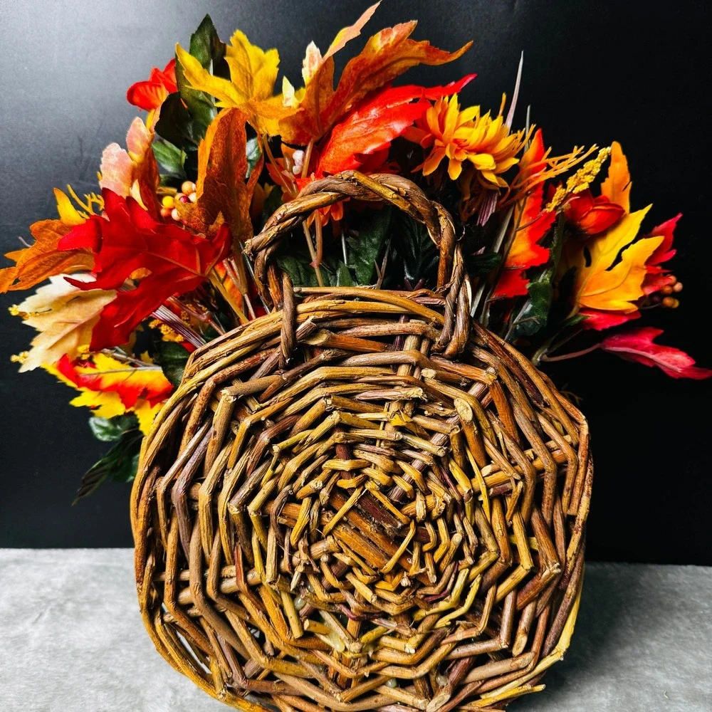 Fall Floral Arrangement Woven Twig Wall Basket Autumn Flowers Leaves Cottagecore